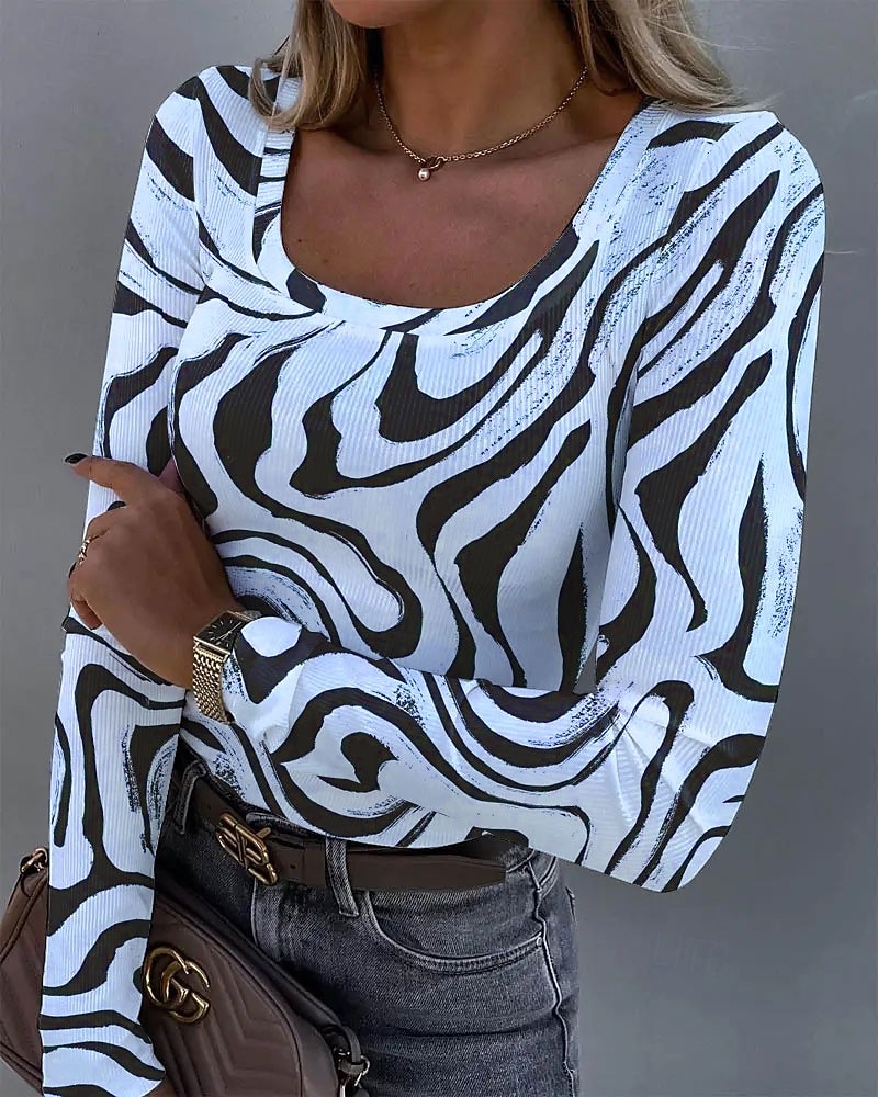 Tricou de femei cu mânecă lungă cu guler pătrat grafic texturat casual tunică abstract zebra vintage stilat regulat tops zilnice imprimeu albastru mov verde khaki primăvară toamnă 2026 - $26.99 –P4