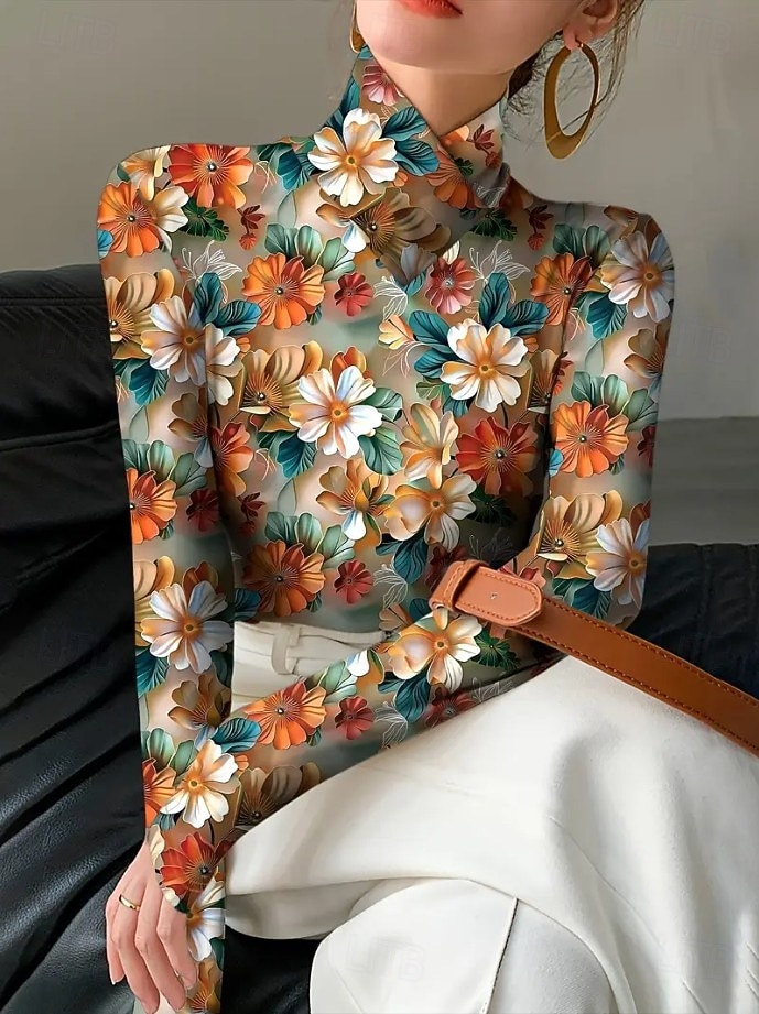 Dame Tunika Blomstret Grafisk Planter Elegant Årgang Stilfull Langermet Høyhalset Asymmetrisk hals Vanlige topper Daglig Svart og Hvit Fuksia Oransje Vår Høst Vinter 2025 - $24.99 –P10