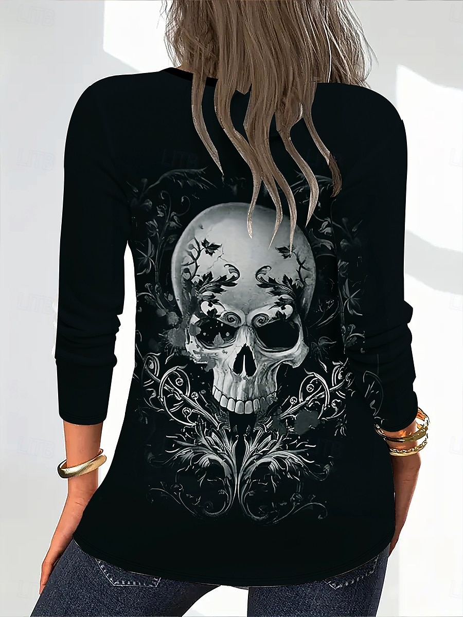 Halloween Femmes T-shirt Graphique Crâne Halloween ancien Élégant Classique manche longue Col en V Hauts Réguliers Quotidien Cravate Imprimé Noir Automne Hiver de 2025 ? $22.99 –P2