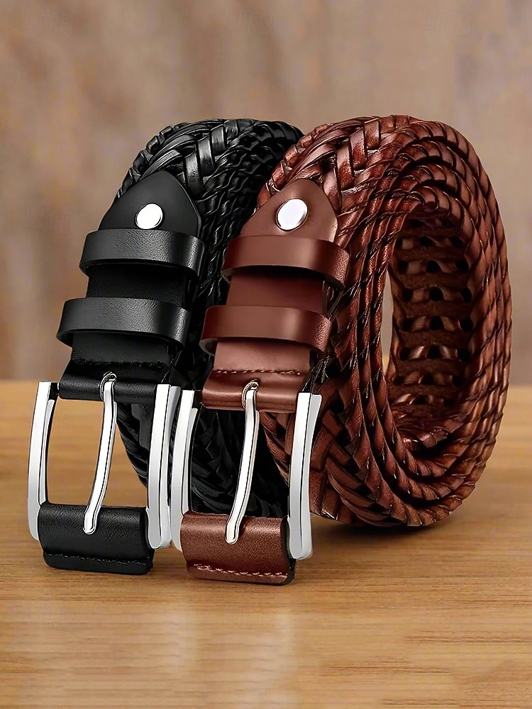 Pánský pletený opasek z pravé kůže – klasický tkaný design s leštěnou přezkou, odolný a nastavitelný doplněk v pase pro ležérní, obchodní a golfové outfity 2026 - $18.99 –P4