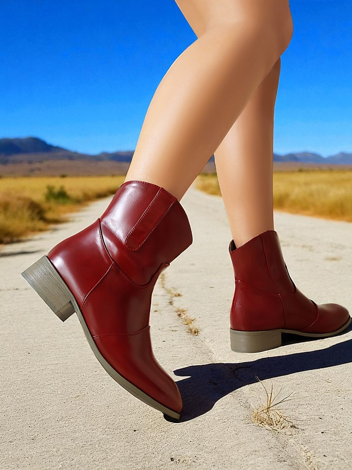 Botines de piel sintética color vino tinto para mujer: botas cortas de tacón bajo estilo western informal para el trabajo, viajes y atuendos cotidianos. 2025 - $46.99 –P5
