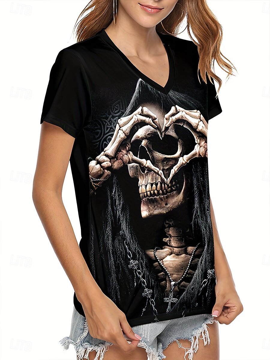 Dames T Shirt Schedels Grafisch Heks Vintage Stijlvol Klassiek Korte Mouwen V Hals Reguliere Tops Dagelijks Print Zwart Zomer Herfst Winter 2026 - $21.99 –P2