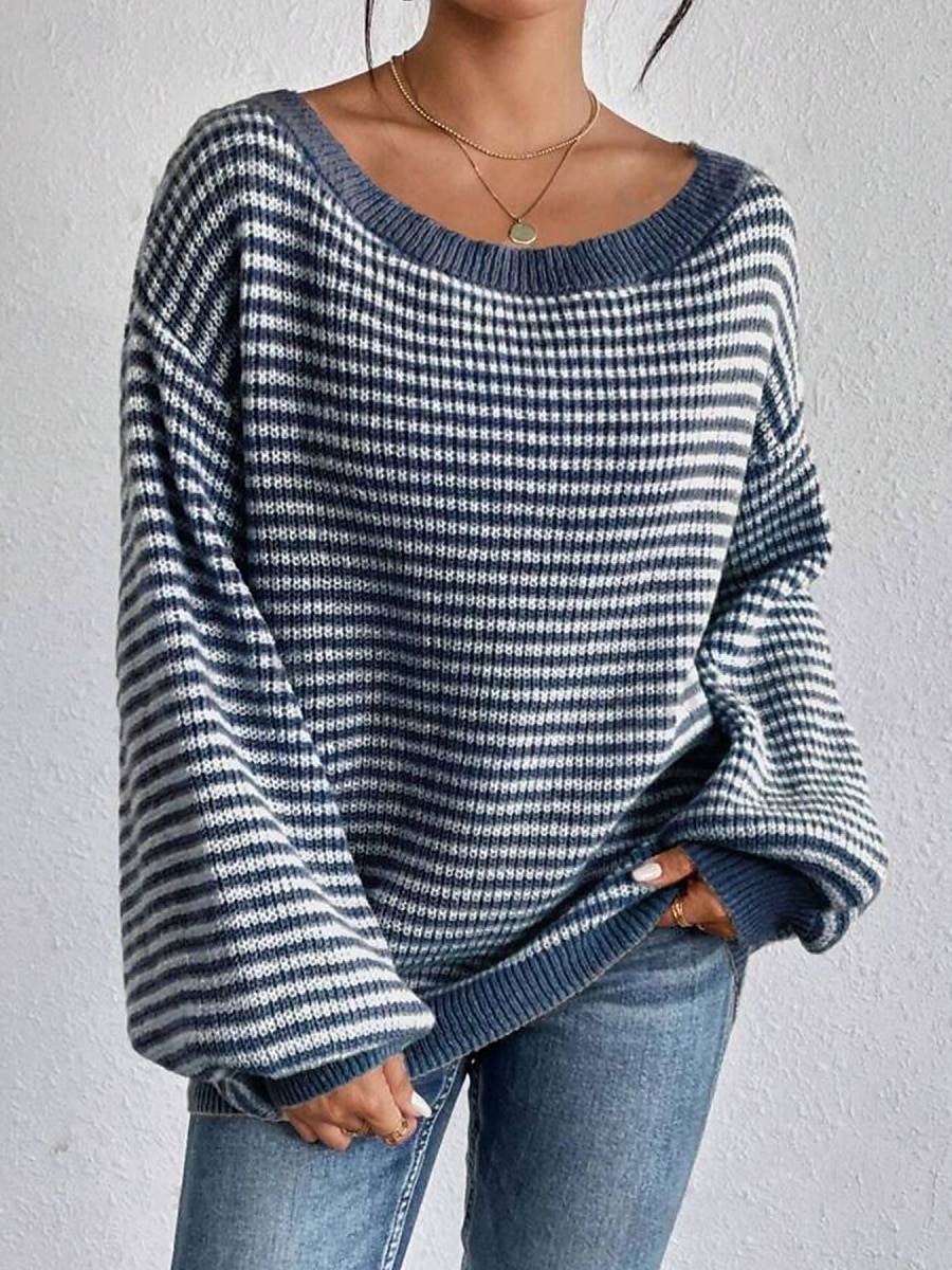 Damen Pullover Lässig Weich Gestreift Gerippt U-Boot-Ausschnitt Gestrickt Langarm Normale Oberteile Stricken Outdoor Täglich Wochenende Schwarz Rote Herbst Winter 2025 - $28.99 –P4