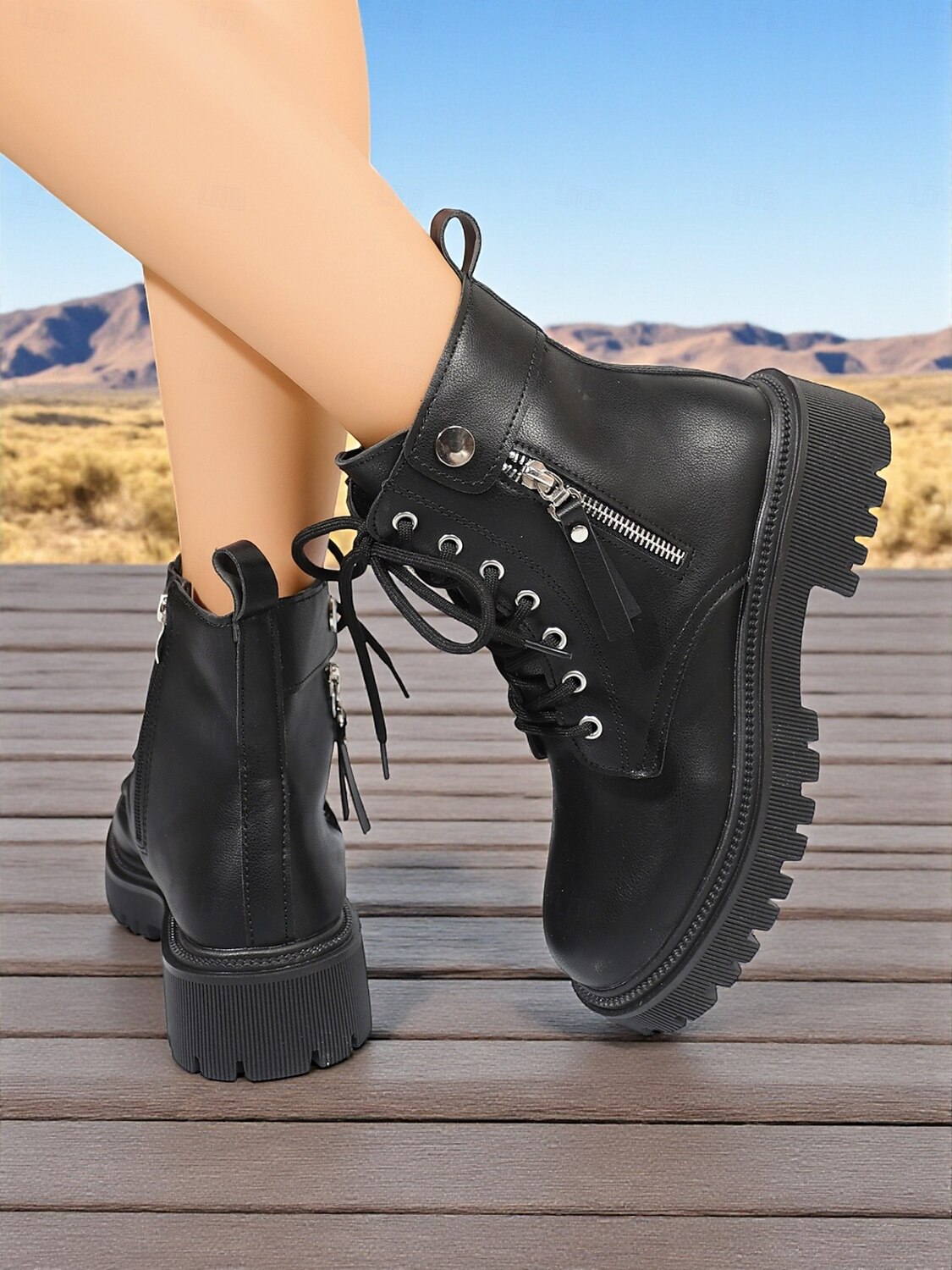 botas de combate femininas com cadarço - botas de cano curto com sola grossa, zíper lateral e detalhe de tira para roupas urbanas de rua e moda casual de 2025 por $26.99 –P3