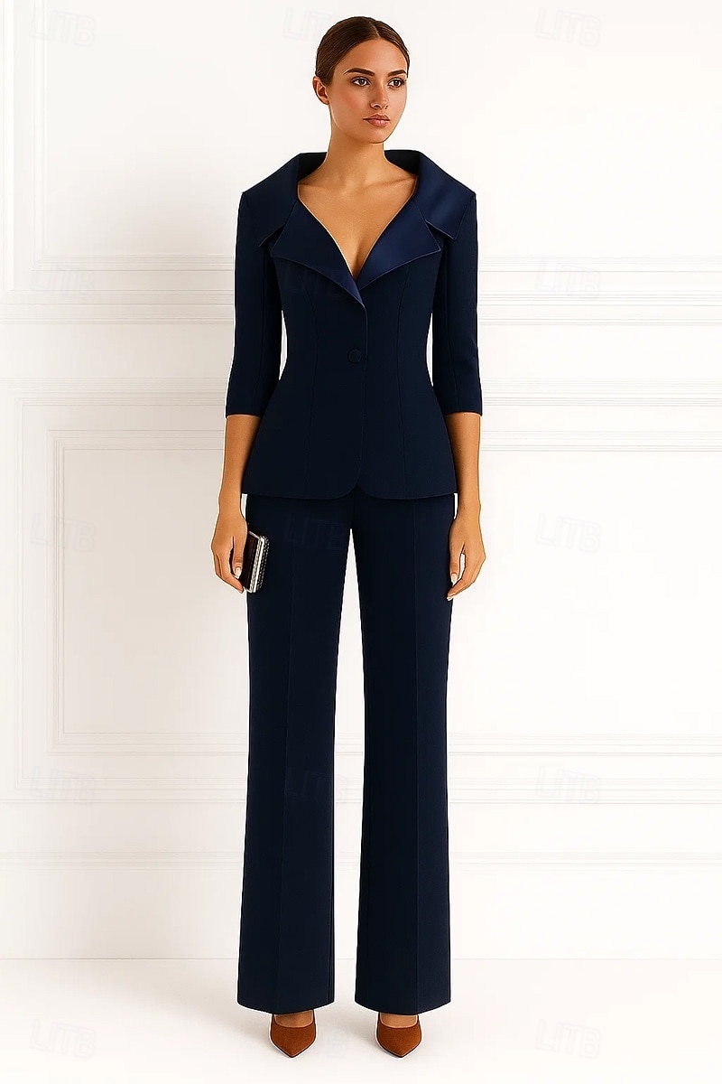tuta due pezzi / tailleur pantalone tailleur pantalone abito da madre della sposa in crepe elasticizzato per invitata al matrimonio elegante semplice revers in raso lunghezza pavimento manica lunga del 2025 a $159.99 –P1