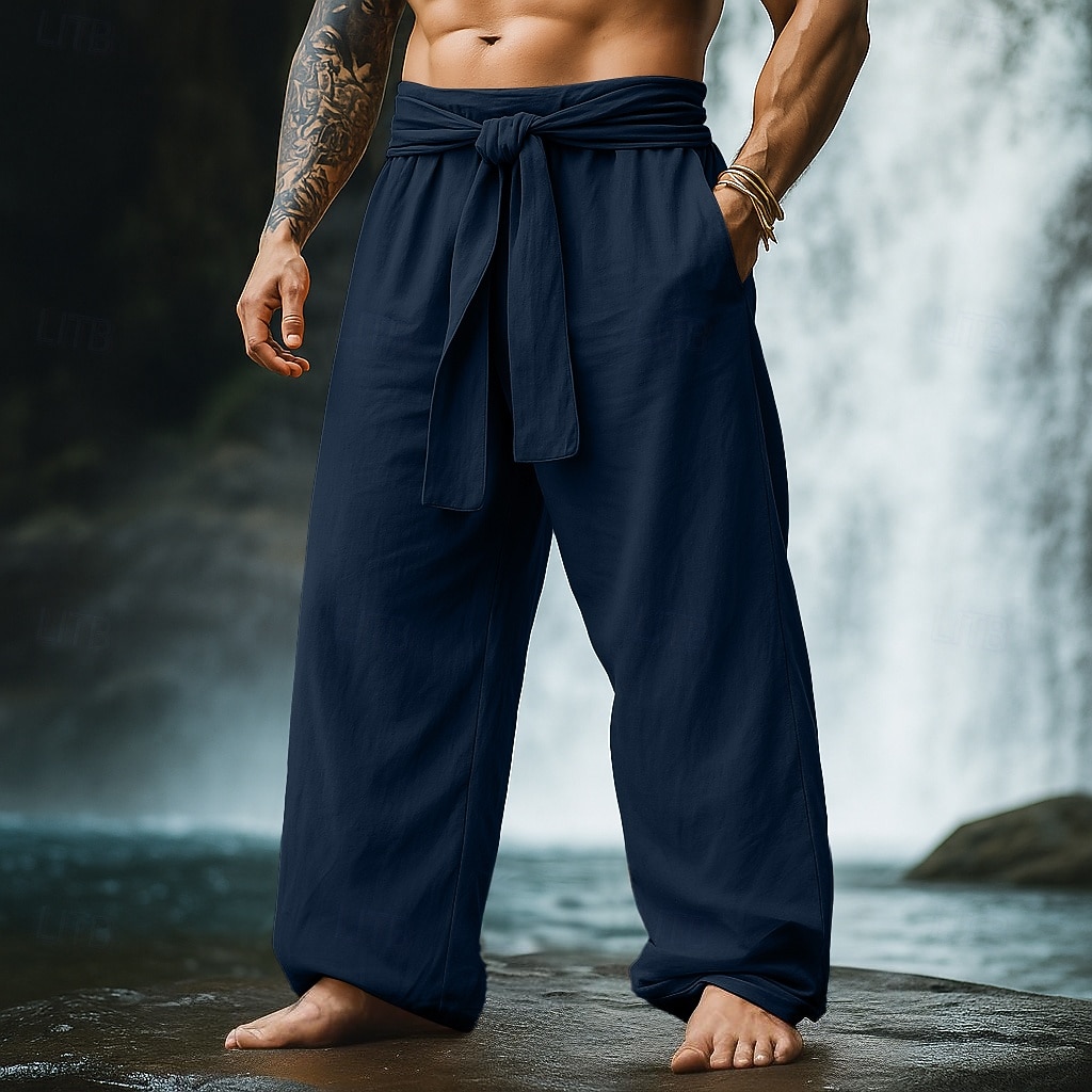 Homens Calças de linho Calças Calça verão Com Cordão Cintura elástica Perna larga Tecido Conforto Respirável Comprimento total Casual Diário Feriado Férias Moda Abóbora Branco Sem Elasticidade de 2025 por $27.99 –P11