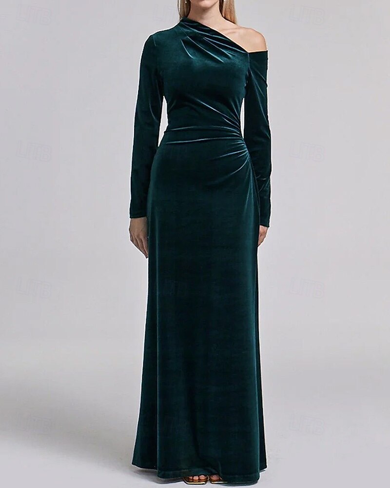 schwarze Krawatte Stretch-Samt Etuikleid/Säule Abendkleid elegantes Kleid formelle Hochzeit bodenlang langarm eine Schulter mit Falten 2025 2025 - $145.99 –P5