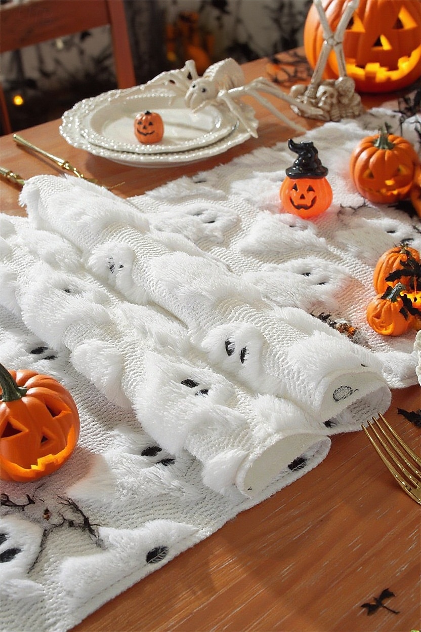 Halloweenský běhoun na stůl, vlaječka na stůl s 3D výšivkou duchů - dekorace z umělé kožešiny s černým okem a malým ďáblem, černobílý sváteční ubrus na dekoraci na párty a stolování 2025 - $9.49 –P5