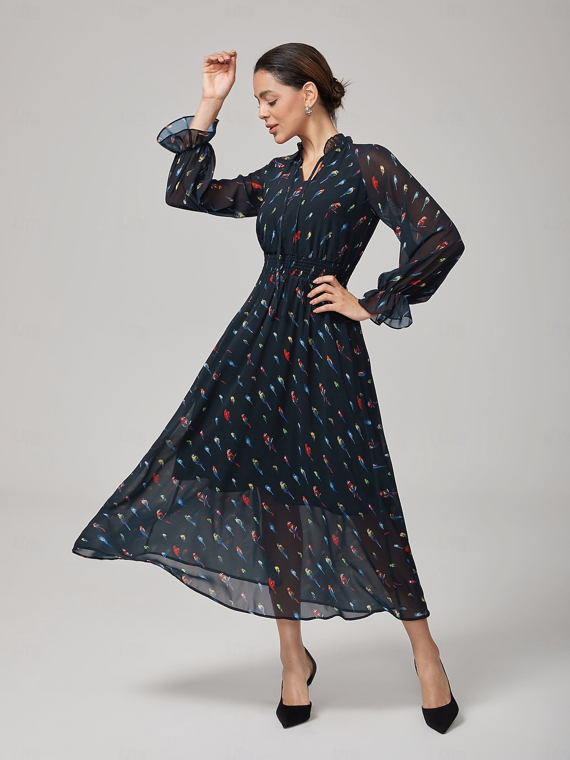 Mulheres Vestido casual Vestido Longo Vestido Maxi Preto Manga Longa Papagaio gravata na frente Primavera & Outono Estações Cruzadas Decote V Férias S M L de 2025 por $86.99 –P2