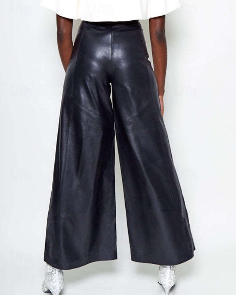Per donna Gamba larga Pantaloni di pelle Streetwear Casual Lunghezza intera Naturale Semplice Tasca Elastico in vita Confortevole All'aperto Vacanza Ferie Nero Verde militare Autunno Vestibilit del 2025 a $32.99 –P5