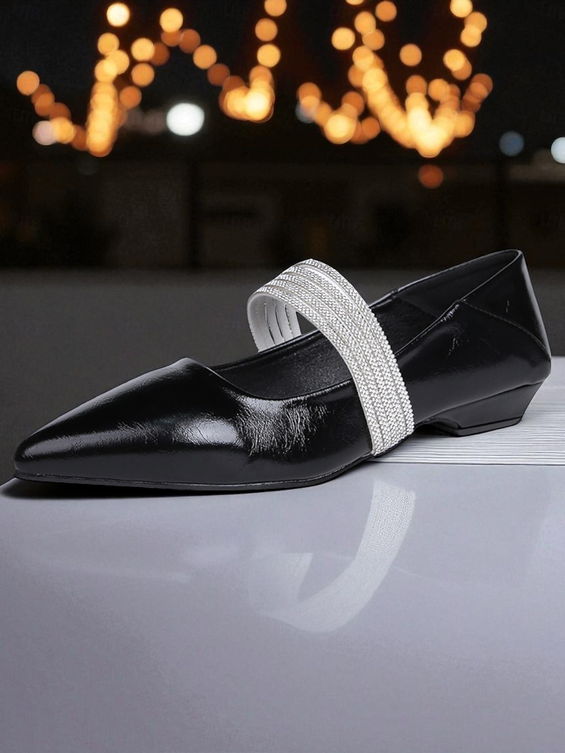 Ballerines à bout pointu en cuir verni noir pour femmes - élégantes chaussures à enfiler avec bride en strass pour les soirées formelles et haut de gamme de 2025 ? €25.97 –P6