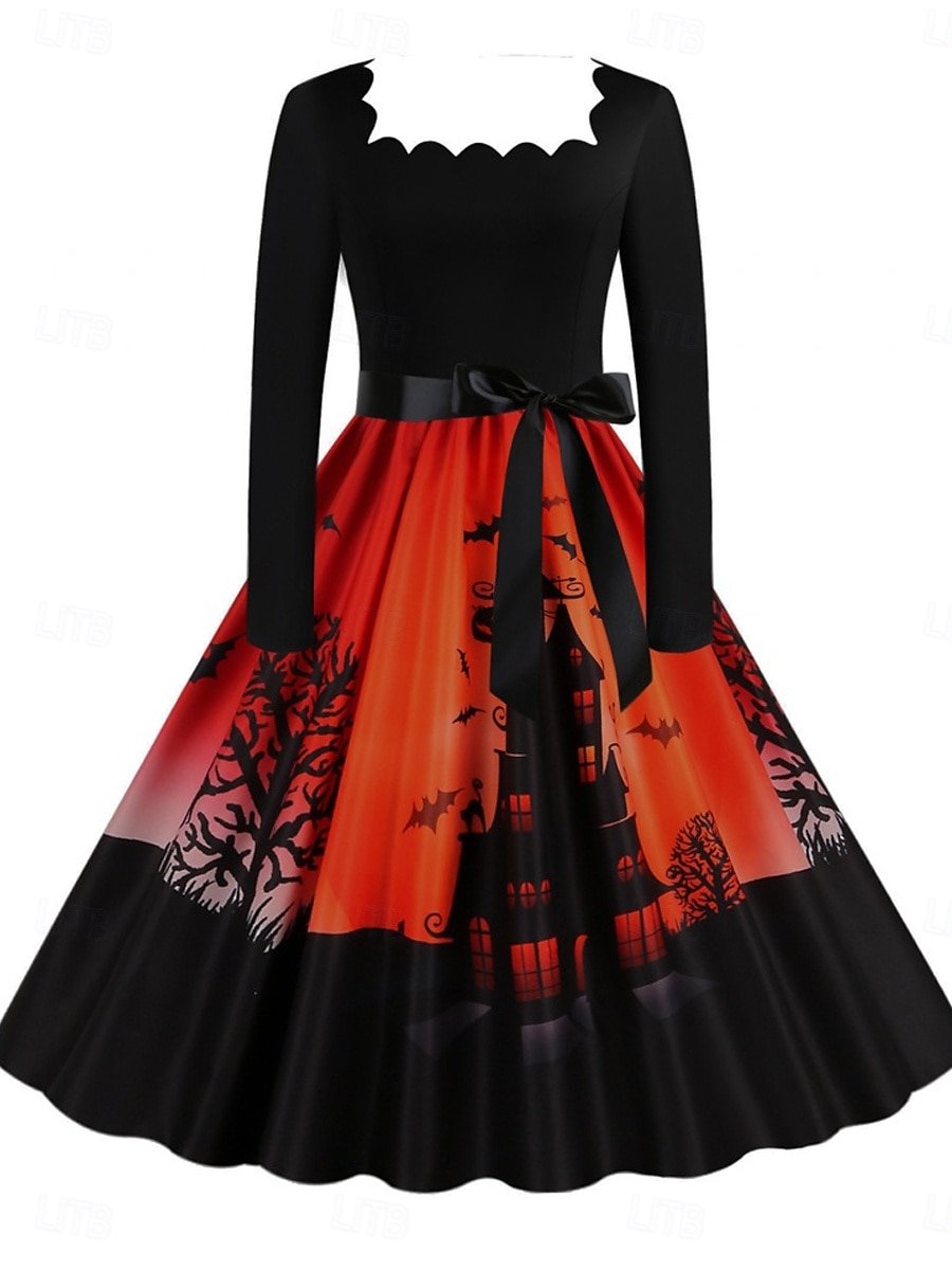 Halloween Femmes Robe Midi Robe trapèze Occasionnel Quotidien Fête Coupe régulière Potiron manche longue Col carré Jaune foncé Noir Jaune Orange Été Printemps Automne de 2025 ? $29.99 –P4