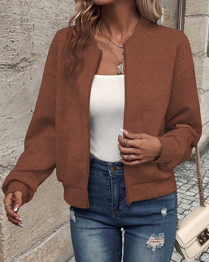Damen Freizeitjacke Strukturierte Jacken Bequem Reißverschluss Mode Modern Lässig Einfach Ausgehen Wochenende Reisverschluss Regulär Stehkragen Normale Passform Langarm Oberbekleidung Schwarz Wei 2025 - $26.99 –P15
