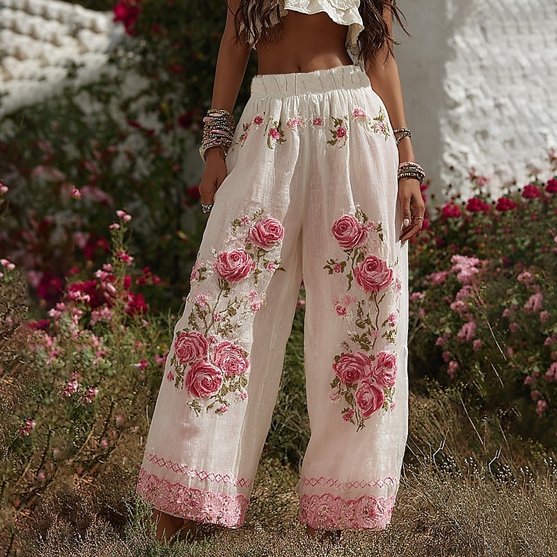 Femmes Jambe large Pantalons Pantalon palazzo ancien Boho Longueur complète Taille haute Fleur Taille Élastique Impression Respirabilité Confortable Rue Tenue quotidienne Sortir Rose Printemps Automne de 2025 ? $20.99 –P1