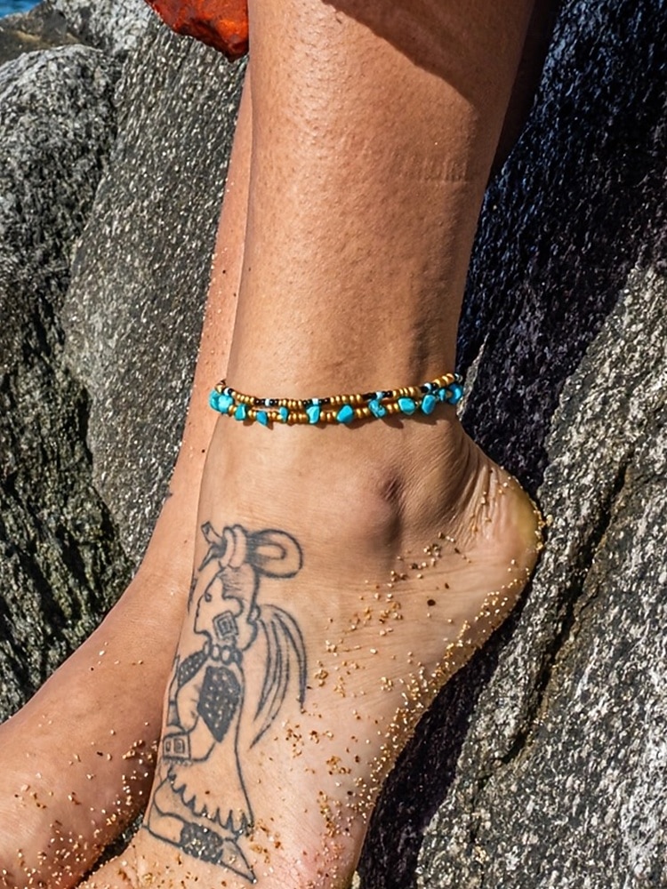 Fotlänkset med turkosa pärlor för kvinnor - bohemisk dubbelrad fotlänk med utsmyckningar i legering och ädelstenar, perfekt för stranden, poolpartyn och sommarmode 2026 - $7.99 –P2