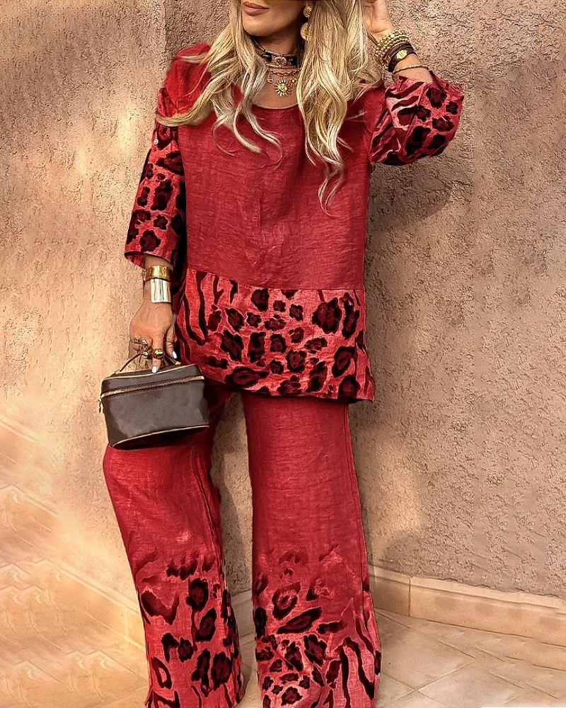 Damen Aktiv Mode Bluse Hosen-Sets Langarm Rundhalsausschnitt Leopard Patchwork Ausgehen Wochenende Schwarz Weiß Rote Herbst Normale Passform 2025 - $27.99 –P8
