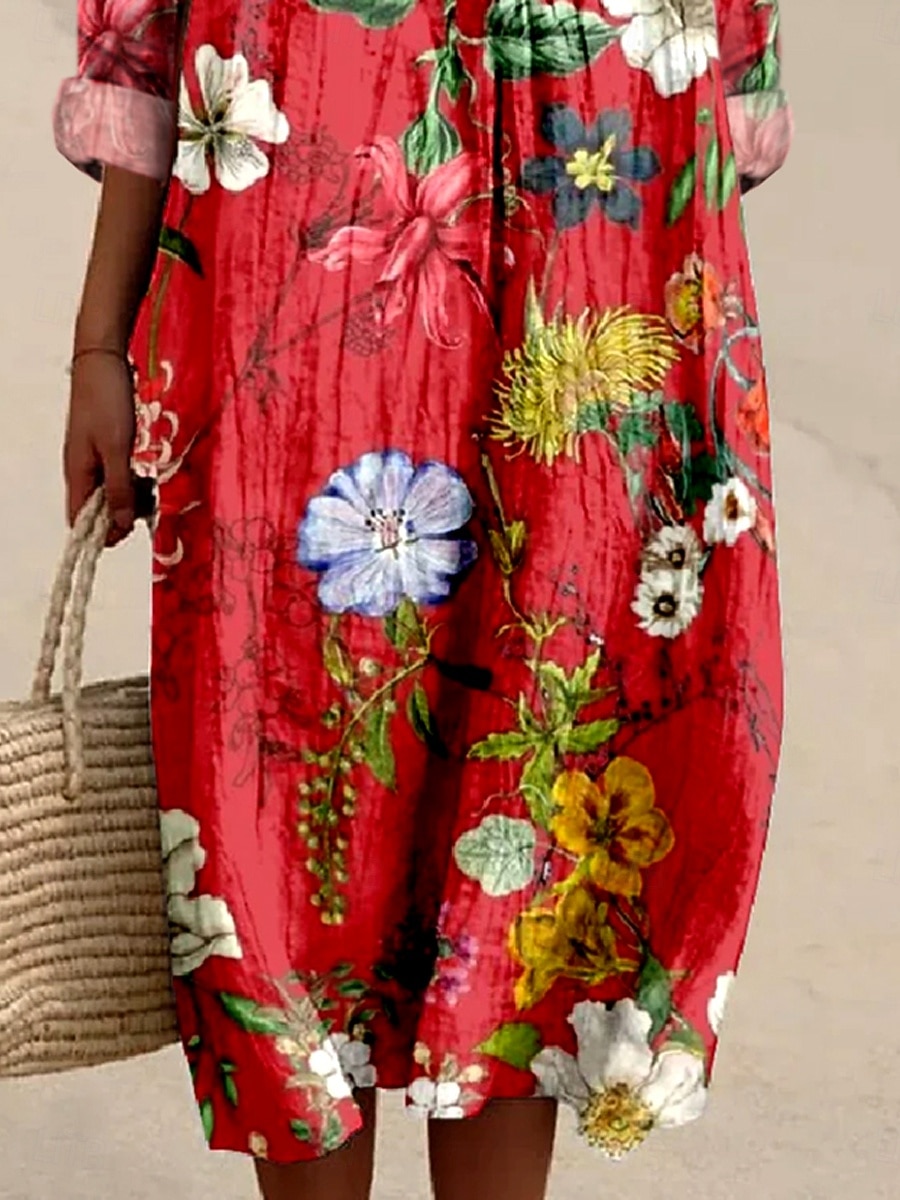 Femmes Robe Midi Robe Décontractée Robe d'Été Robe trapèze Vacances Occasionnel Boho Soirée Fête Plage Coupe Ample Fleuri Graphique manche longue Col en V Rouge Printemps Automne de 2025 ? $35.99 –P3