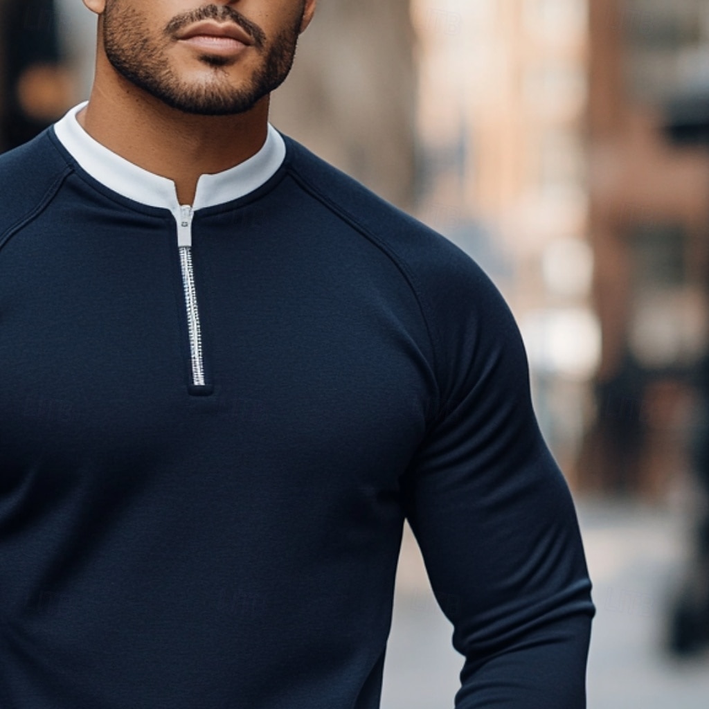 Herr T-shirt Långärmad Rund hals Hög krage Vinter Vår & Höst Alla årstider Ensfärgat Färgblock Dagligen Modern Dragkedja Crewneck falska två stycken Utomhus Casual Ledigt Marin Topp t-shirt för män 2025 - $20.99 –P3