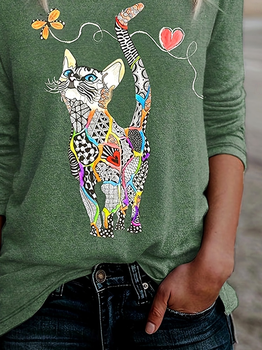 Γυναικείo T-shirt Μακρύ Μανίκι Λουλουδάτο Γραφικό Γάτα Vintage Στυλάτο Κλασικό Μακρύ Μανίκι Crew Neck Κανονικά Top Ημερήσια Εκτύπωση Μαύρο Μπλε Πράσινο Άνοιξη Φθινόπωρο Προφθινόπωρο 2026 - $24.99 –P3