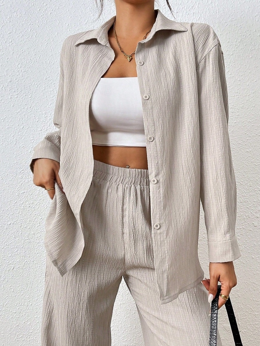 Femmes Mode Streetwear Ensembles de Pantalons manche longue Col de chemise Couleur Unie Tenue quotidienne Date Noir Beige Gris Printemps Coupe régulière de 2025 ? $37.99 –P3