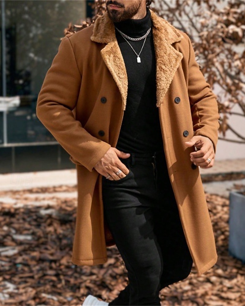 Herr Fleece-jacka Peacoat Trenchcoat Semester Dagligen Höst Vinter Polyester Håller värmen Ytterkläder Kläder Mode Klassisk Slät Ficka Kavajslag Dubbelknäppt 2025 - $52.99 –P4