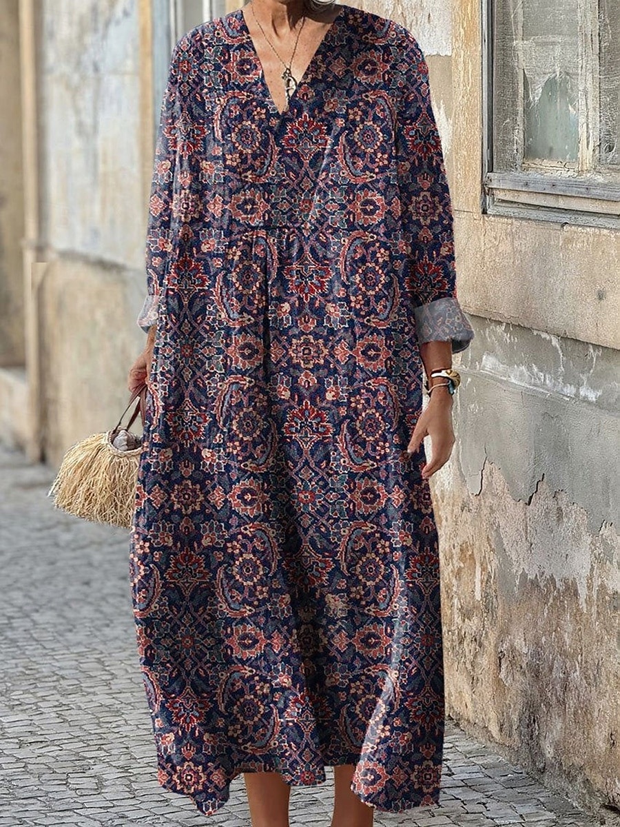 Dames Maxi-jurk Zonnejurk A lijn jurk Vakantie Casual Boho Feestdagen Ruim Passend Grafisch Geometrisch Lange mouw V-hals Donker Bruin blauw Paars Bruin Zomer Lente Herfst 2025 - $35.99 –P4