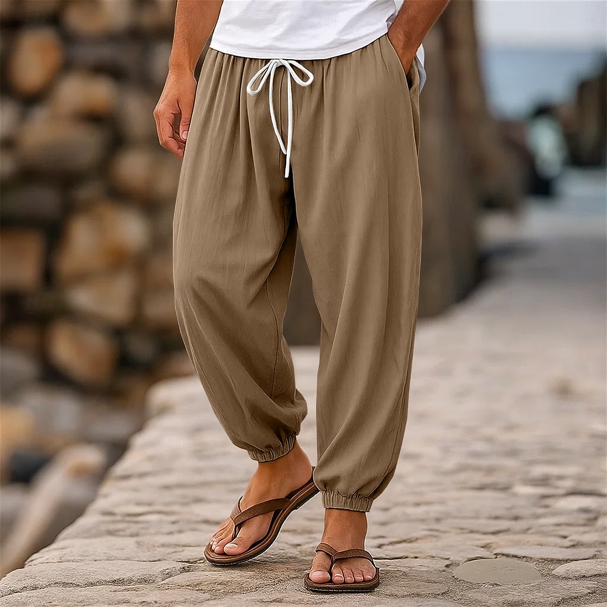 Herr Linne Byxor Långbyxor Sommarbyxor Joggarbyxor Elastisk midja Rakt ben Högsta stiga Ensfärgat Slät Komfort Andningsfunktion Fullängd Bröllop Helgdag Semester Mode Svart Vit Oelastisk 2025 - $23.99 –P4