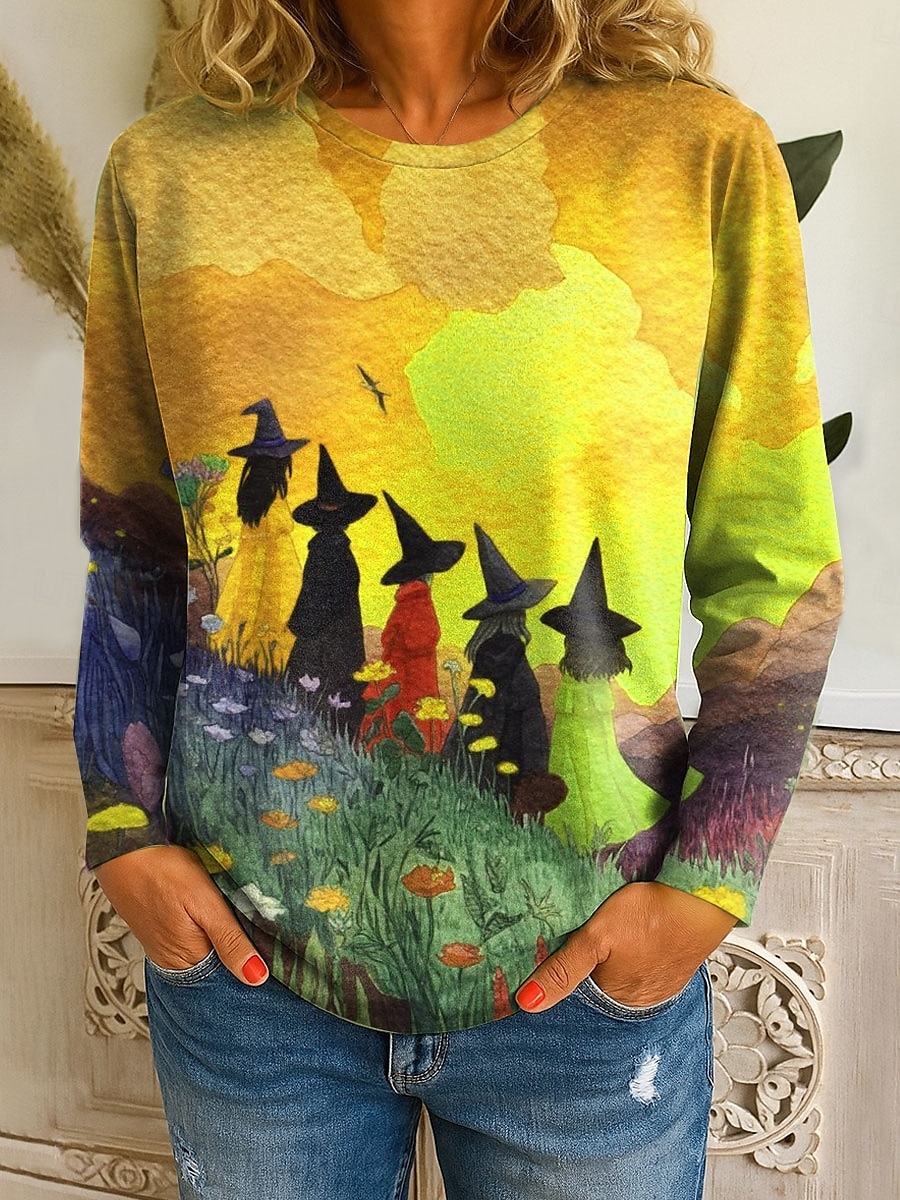 Halloween Femmes T-shirt Graphique Sorcière ancien Mode Élégant manche longue Col ras du cou Hauts Réguliers Quotidien Imprimé Jaune Bleu Orange Vert Automne Hiver de 2025 ? $22.99 –P5