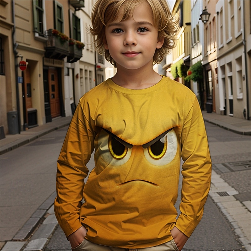 Pojkar tecknat roligt leende ansikte t-shirt långärmad 3D-tryck höst vintermode grundläggande barn 4-12 år rund hals utomhus casual daglig normal passform 2025 - $13.99 –P1