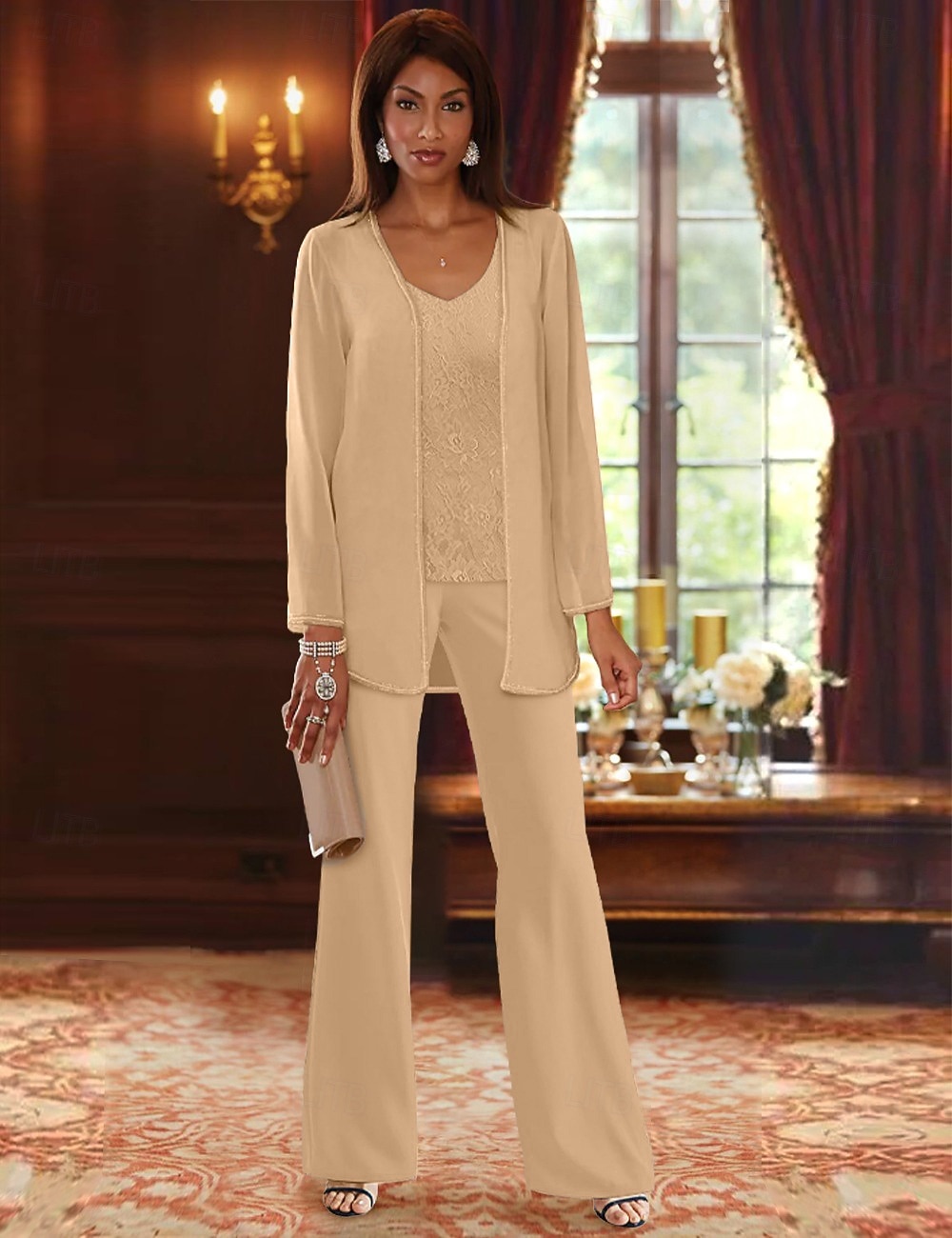 Strand Bruiloft Jumpsuit  Pantsuit 3 Delig Moeder van de Bruid Formele Bruiloft Gast Elegante V-Hals Vloerlengte Chiffon Lace Lange Mouw Jas met Applicaties 2025 - $129.99 –P1