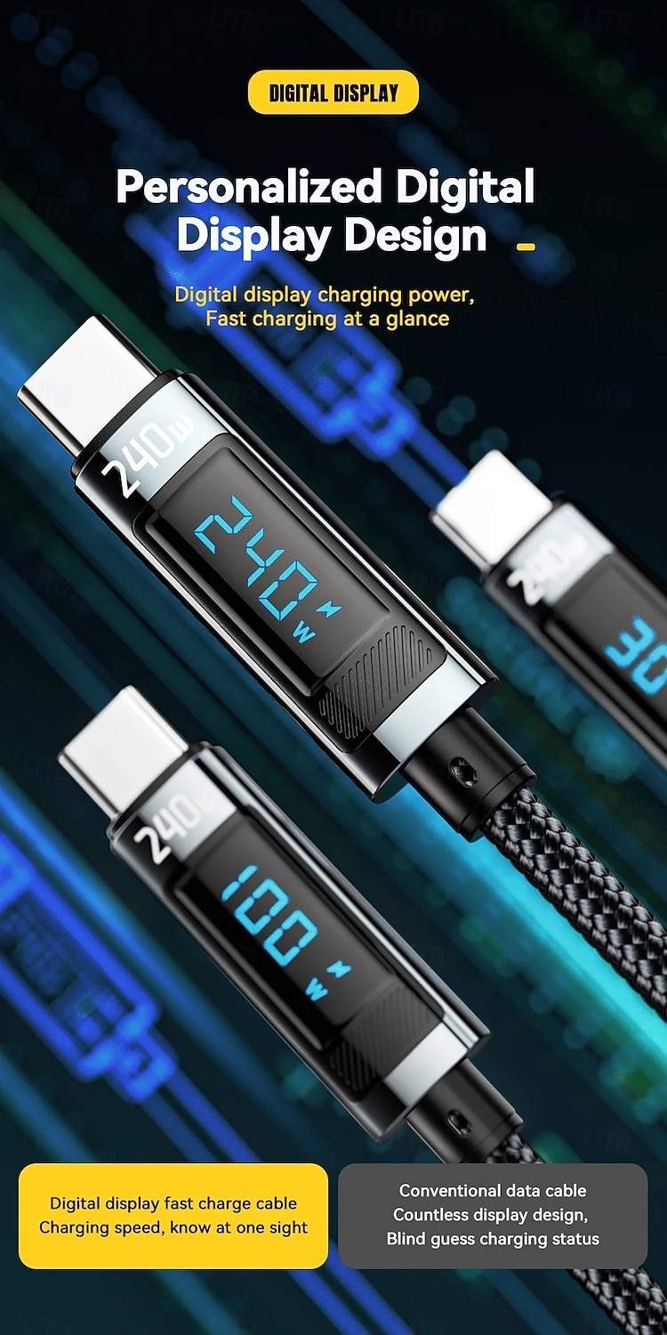 240 W-os USB-C - USB-C kábel, 100 W-os PD 3.1 gyorstöltő töltőkábel MacBook Pro-hoz, Xiaomi-hoz, Samsung laptophoz, Essagerhez 2025 - $15.99 –P3