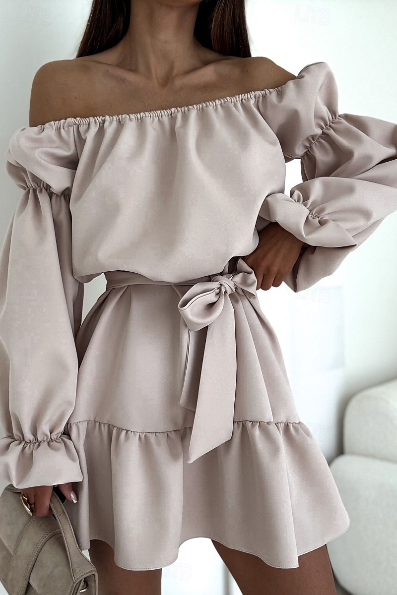 Damen Minikleid Schößchen Kleider Elegant Täglich Ferien Ausgehen Normale Passform Einfarbig Langarm Schulterfrei Schwarz Weiß Mauva Herbst 2025 - $21.99 –P5