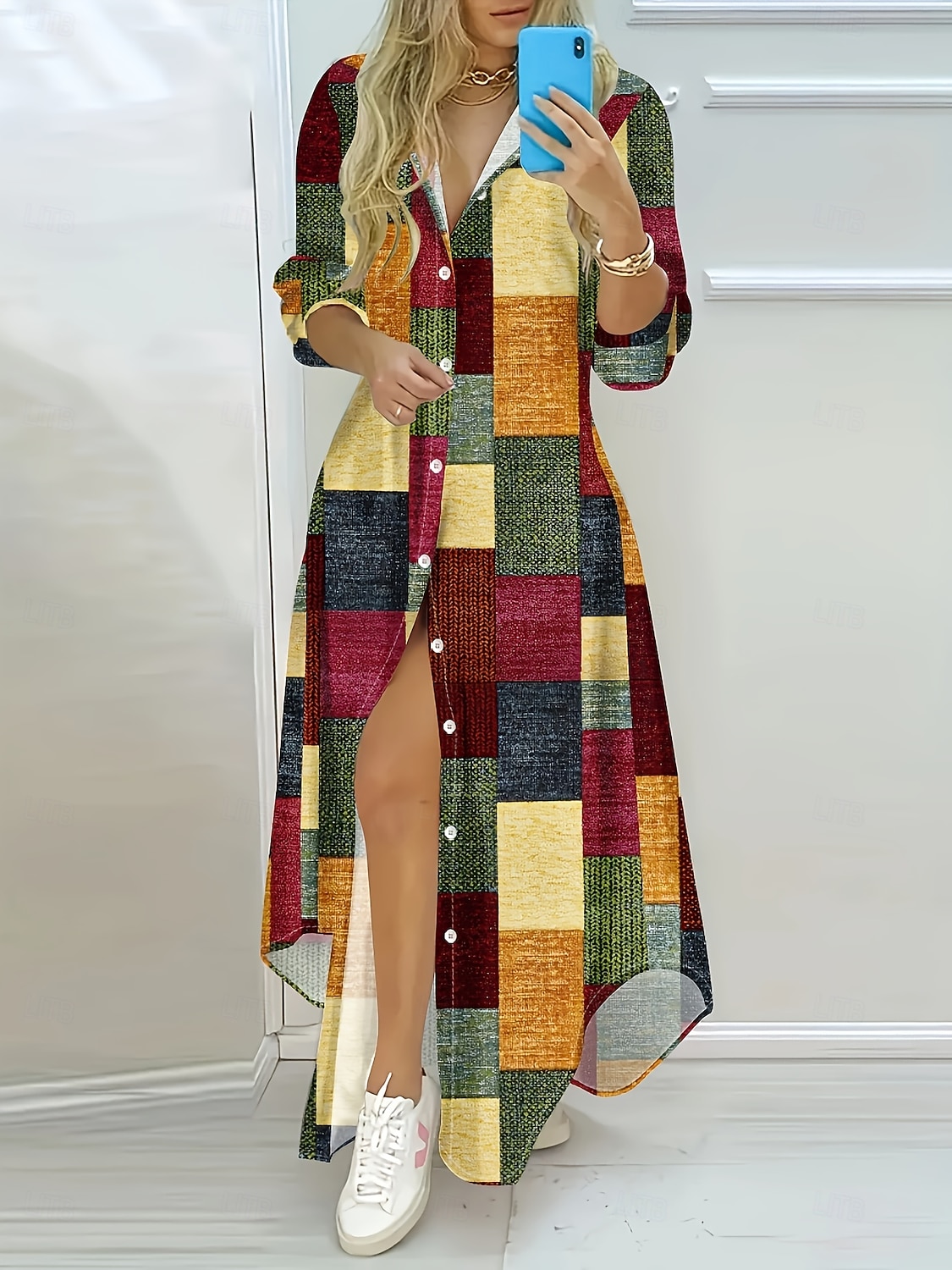 Pentru femei Rochie Maxi Rochii Tip Cămașă Rochie blazer Rochie teacă Vacanță Casual Petrecere Dată Fit regulat Grafic Geometric Manșon Lung Guler Cămașă Negru și Alb Negru Alb Galben Vară Primăvar 2025 - $38.99 –P1