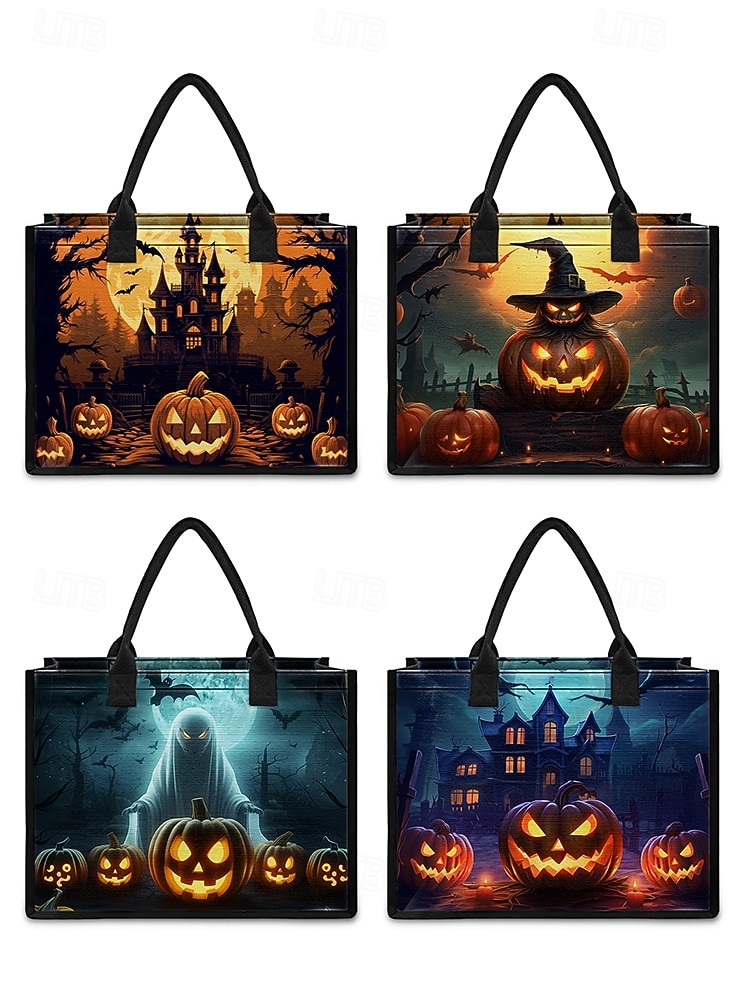 damska torba na Halloween z motywem dyni i nawiedzonego domu — duża, wielokrotnego użytku torba na zakupy z kieszenią na zamek i wytrzymałymi uchwytami, w stylu gotyckim, idealna na „cukierek albo psikus”, imprezy kostiumowe i do codziennego użytku 2025 - $19.99 –P6
