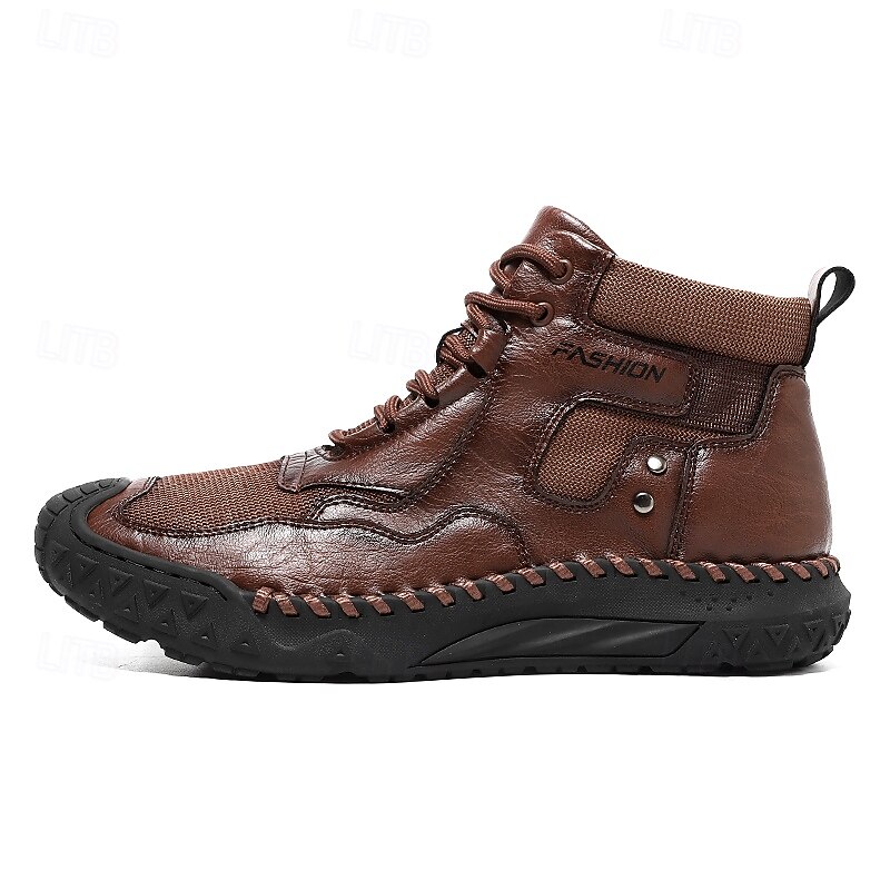 Botas casuais masculinas de couro sintético marrom de cano alto com sola de borracha antiderrapante - calçados duráveis para caminhadas ao ar livre, viagens e uso diário de 2025 por $46.99 –P4