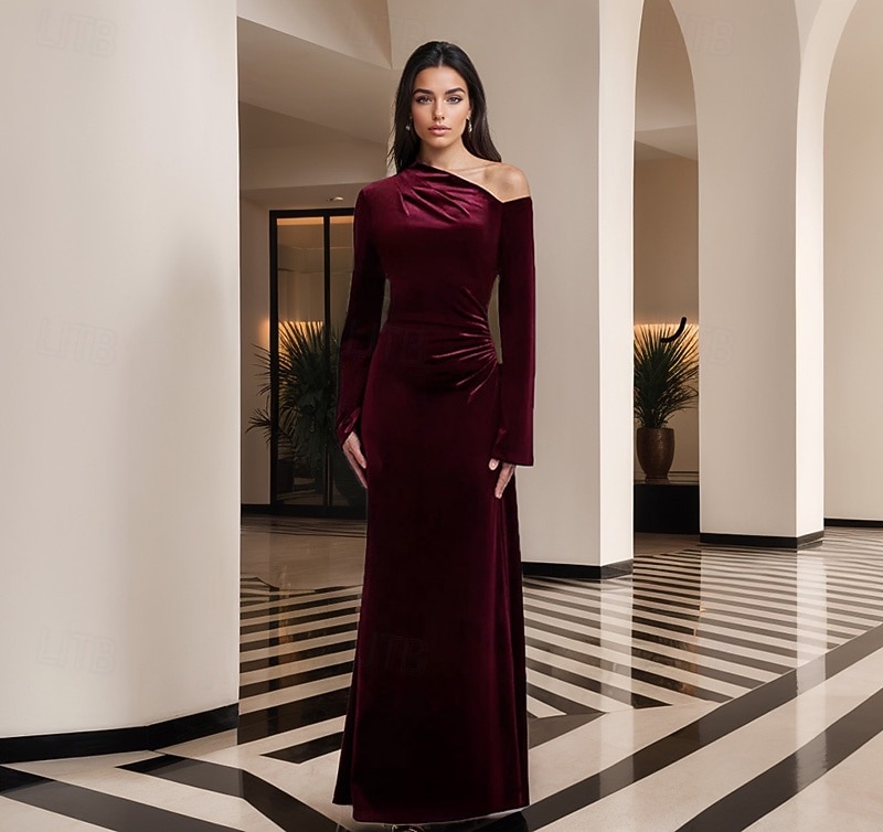schwarze Krawatte Stretch-Samt Etuikleid/Säule Abendkleid elegantes Kleid formelle Hochzeit bodenlang langarm eine Schulter mit Falten 2025 2025 - $145.99 –P1