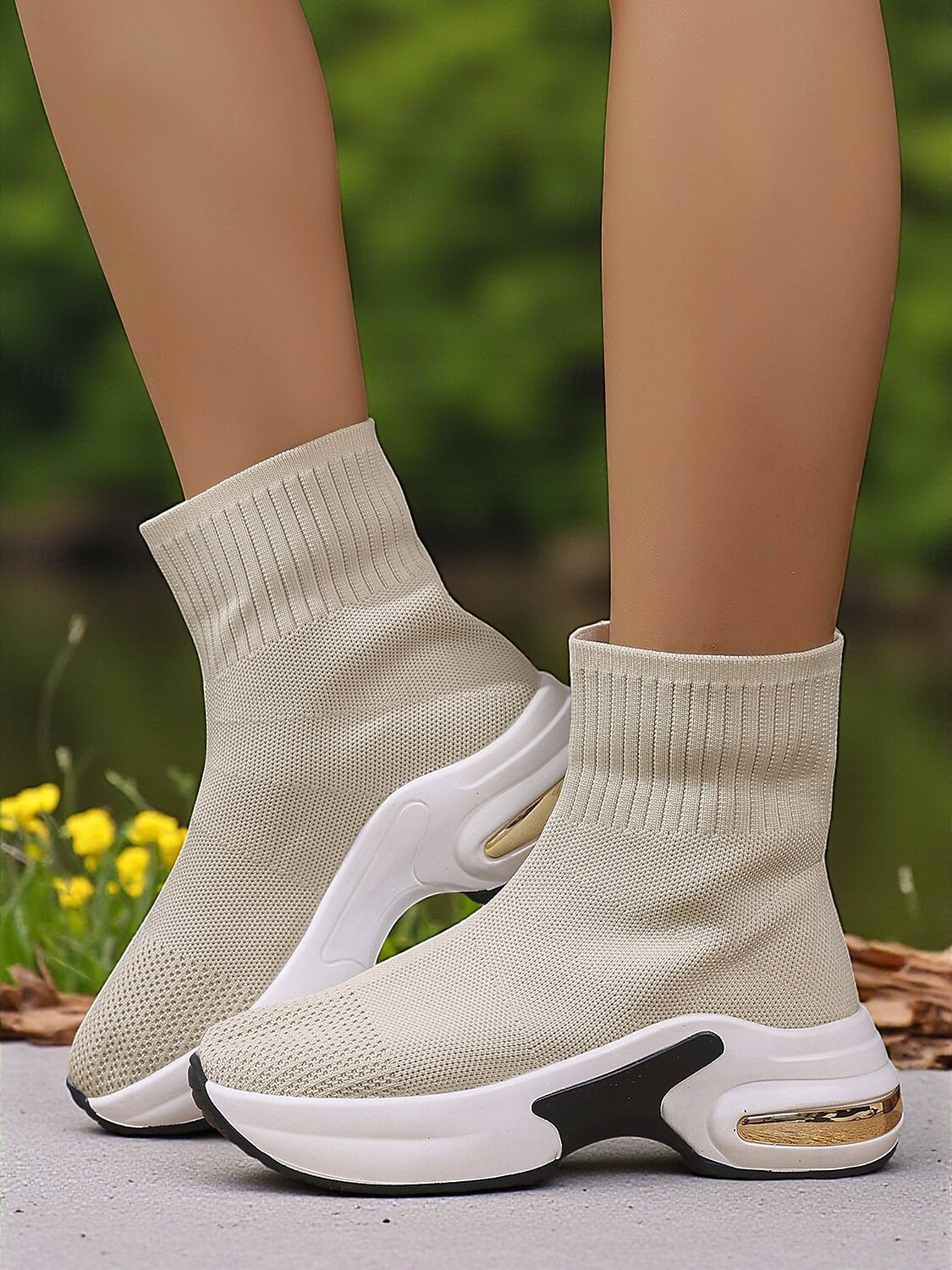 Dámské béžové ponožkové kozačky z flyknit pleteniny s platformovou podrážkou – lehká ležérní obuv na outdoor, cestování a sport 2025 - $42.99 –P1
