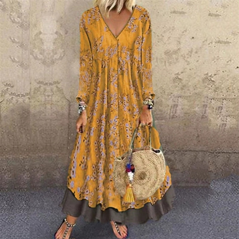 Femmes Robe Longue Maxi Robe Robe Imprimée Mode Classique Moderne Extérieur Vacances Fête Coupe régulière Graphique Fleur manche longue Col en V Jaune Vin Bleu Vert Printemps de 2025 ? $24.99 –P2