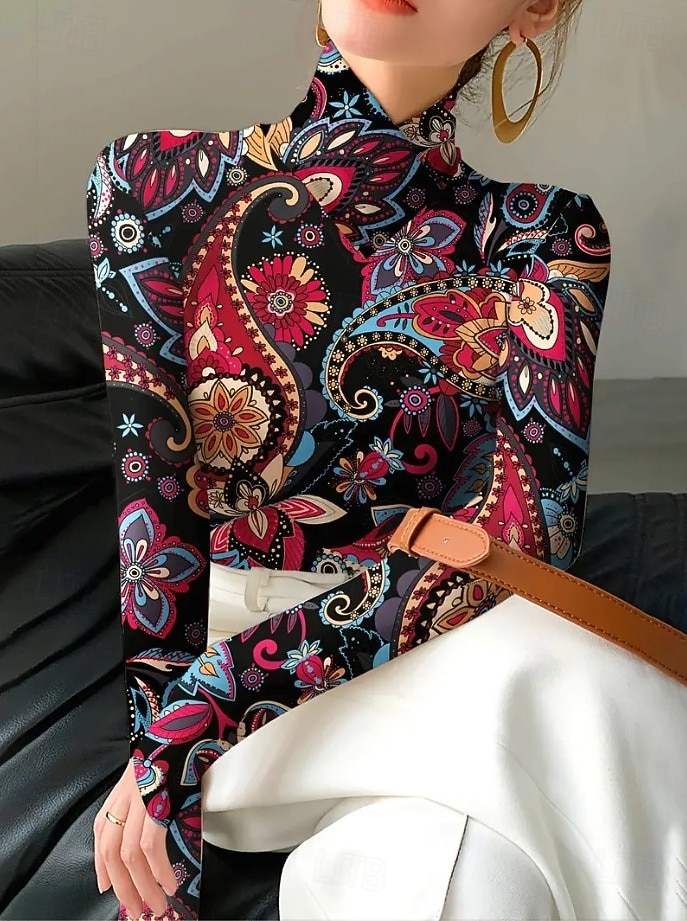 Femmes Tunique Fleuri Élégant Bohème ancien manche longue Col roulé Col haut Hauts Réguliers Sortir Noir Fuchsia Vert Automne Hiver de 2025 ? $24.99 –P6