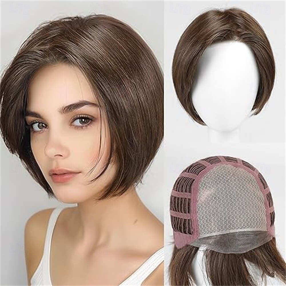 parrucca da donna con mèches biondo castano, corta e liscia, dall'aspetto naturale, capelli sintetici realistici, resistente al calore, riga laterale, elegante, stile alla moda per tutti i giorni del 2026 a $21.99 –P2