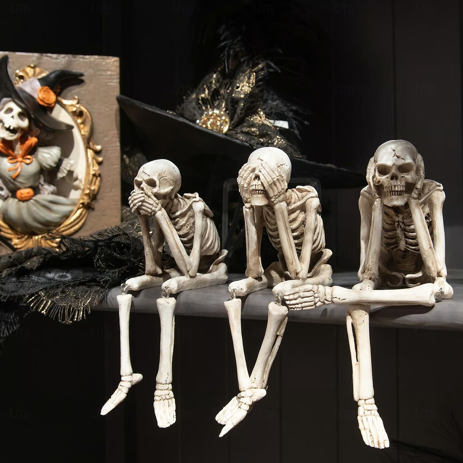 3 ks halloweenská simulace krbu, kombinace lebek, halloweenské sochy, vidět, mluvit, slyšet, žádné zlo, kostlivé figurky, realistické dekorace lebek pro domov, strašidelný dům, halloweenská párty 2025 - $29.99 –P6