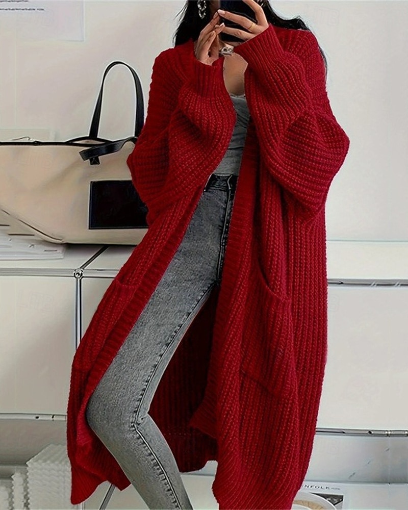 Naisten Neulos Neule Muoti Katutyyli Vapaa-aika Puhdas väri Joustin Avoin etuosa Tasku Kudottu Pitkähihainen Pitkät topit Neuloa ulko- Päivittäin Viikonloppu Viininpunainen Musta Syksy Talvi 2025 - $13.99 –P1