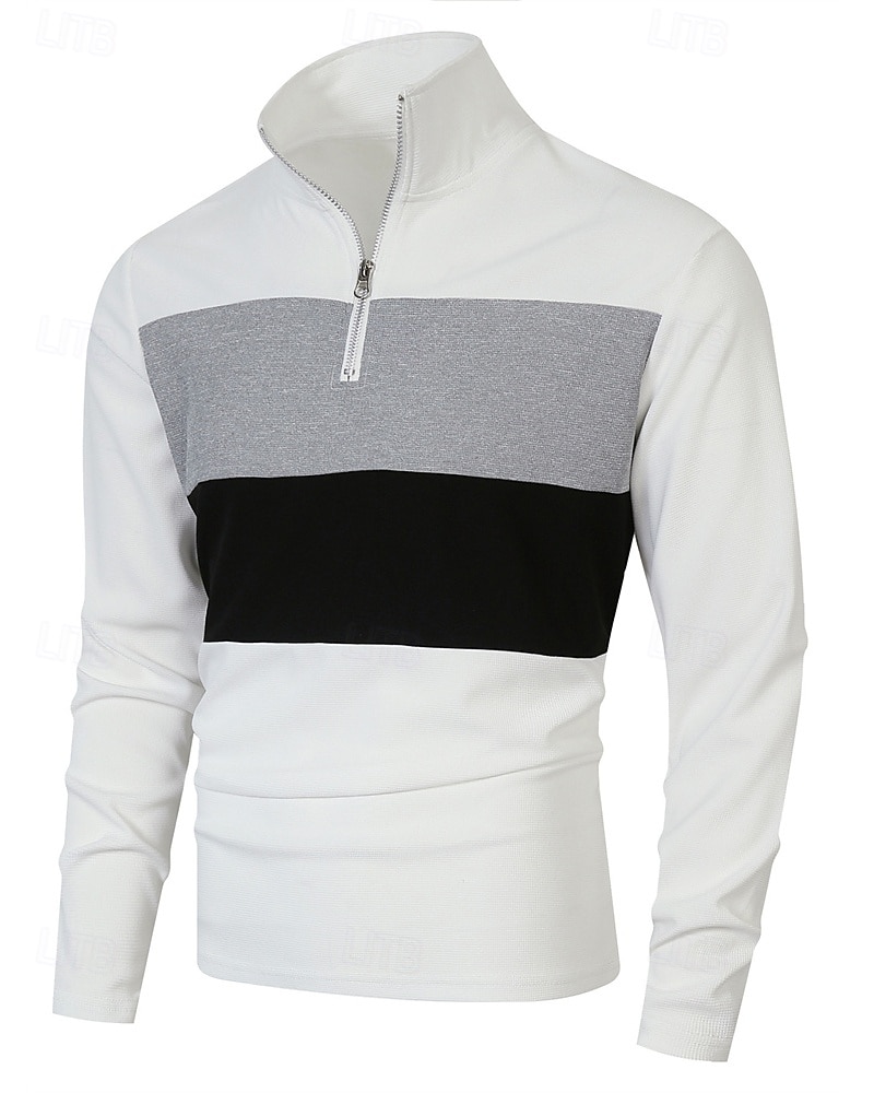Herren Poloshirts Viertel-Reißverschluss-Poloshirt Alltagskleidung Date Viertelreißverschluss Langarm Mode Basic Farbblock Patchwork Reißverschluss Frühling Herbst Normale Passform Schwarz Wei 2025 - $18.99 –P12