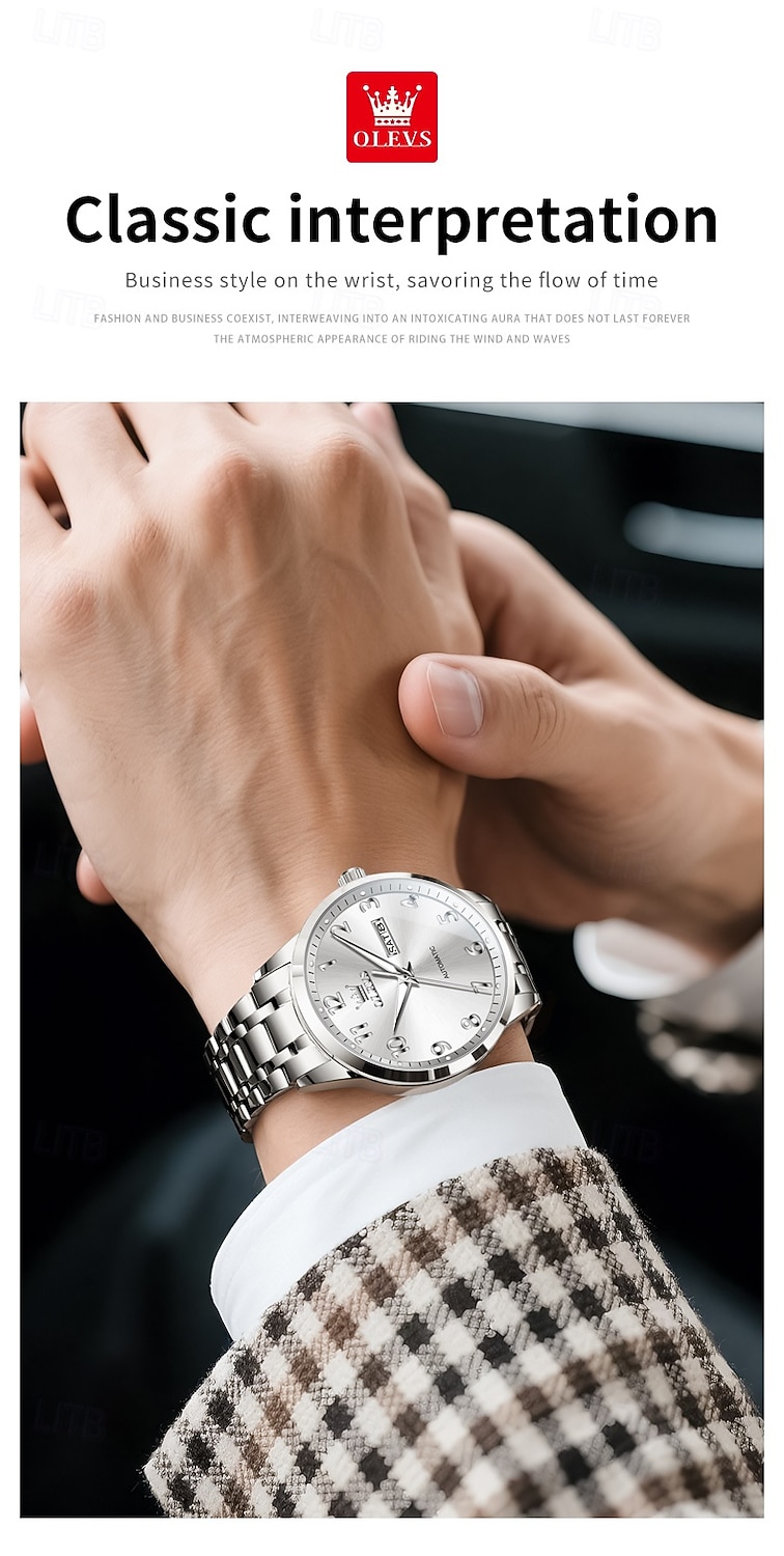 OLEVS Men Mechanical Watch Minimalist Fashion Business Wristwatch Automatic Self-winding Luminous Calendar Date Week Steel Watch 2026 - $98.99 –P8