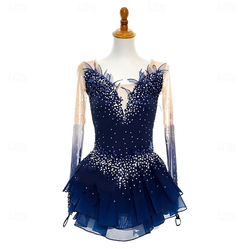 Figure Skating Dress Women's Girls' Ice Skating Dress Navy Blue Open Back Asymmetric Hem Mesh High Elasticity Training Competition Skating Wear Classic Crystal / Rhinestone Long Sleeve Ice Skating Figure 2026 - $239.39 –P1