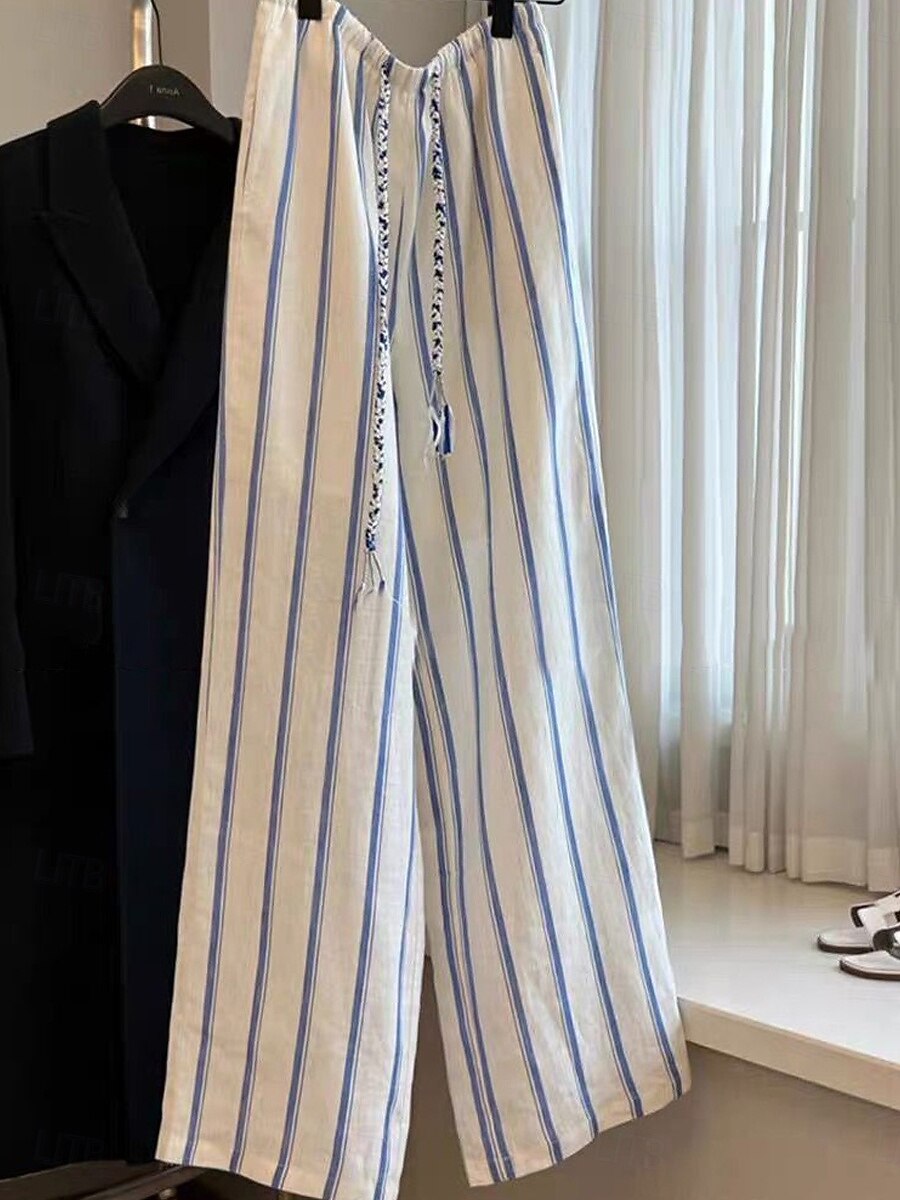 Dame Linbukser i bomull Frekk Ferie Årgang Etnisk stil Full lengde Medium Midje Stripet Snorer Lomme Elastisk midje comfy Pusteevne Myk Uelastisk Feriereise Hjem Gate Blå og hvite striper Sommer Vår 2025 - $40.99 –P2