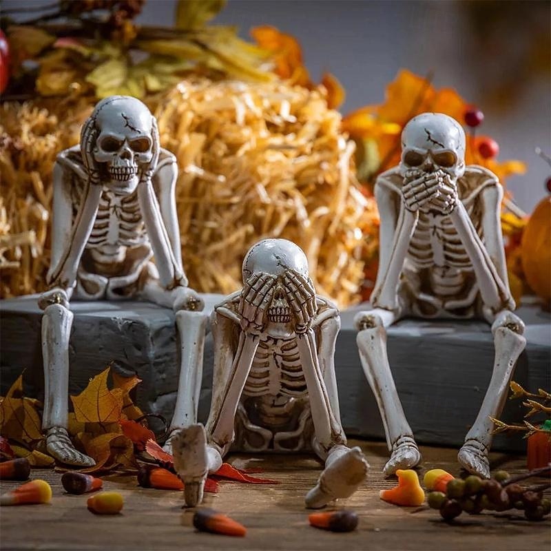 3 ks halloweenská simulace krbu, kombinace lebek, halloweenské sochy, vidět, mluvit, slyšet, žádné zlo, kostlivé figurky, realistické dekorace lebek pro domov, strašidelný dům, halloweenská párty 2025 - $29.99 –P1