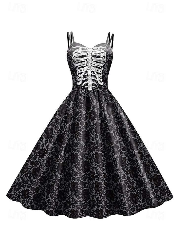 2025年 女性用スカルプリントミニドレス Aラインドレス カジュアル デイリー ホリデー レギュラーフィット スカル ノースリーブ スパゲッティストラップ ブラック ホワイト ワイン サビレッド 夏 春 秋  コレクション – $29.99 –P7