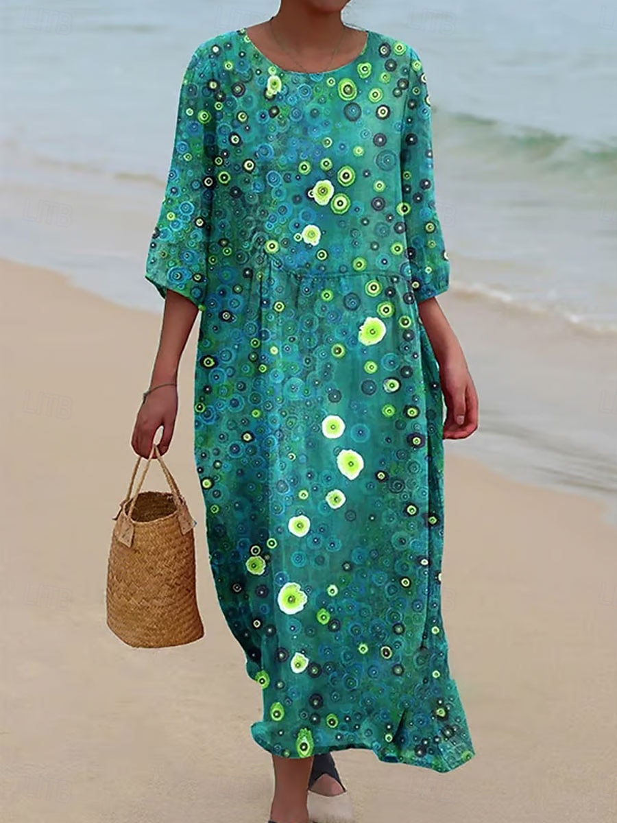 Dámské maxi šaty kaftan s 3/4 rukávy kulatým výstřihem volnočasové šaty A-linie boho pravidelný střih grafické geometrické abstraktní bílé žluté modré oranžové jaro podzim 2025 - $41.99 –P6