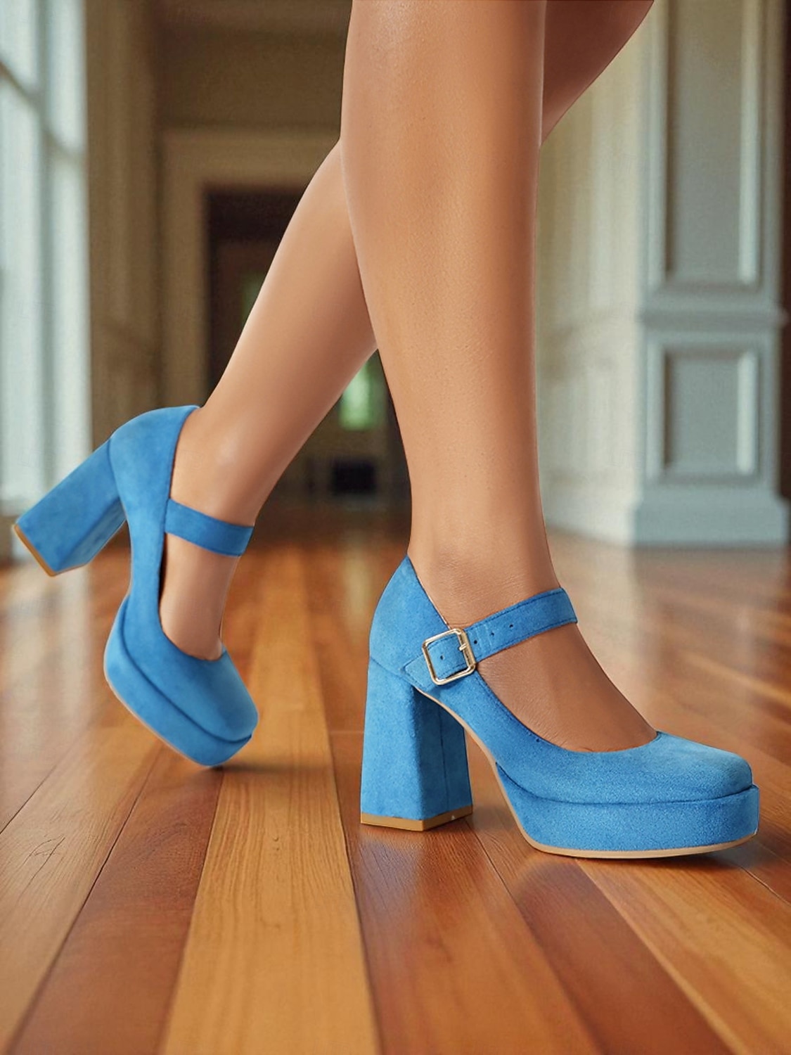 Women's Blue Suede Mary Jane Block Heel Pumps – Platform Round Toe Buckle Strap 1950s Vintage Party Shoes for Weddings, Cocktail, and Evening Outfits 2025 - $54.99 –P5